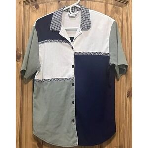 VTG 80s Colorblock Unisex Button Up Short Sleeve Shirt Shoulder Pads Oversized S